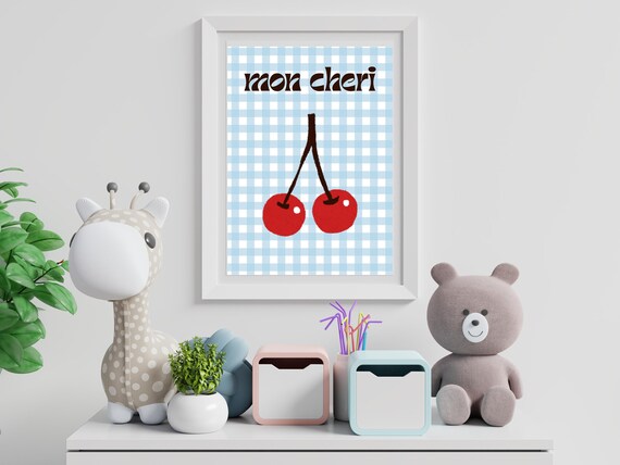 Mon Cheri Cherry Art Blue Gingham Cute Nursery Kitchen Print