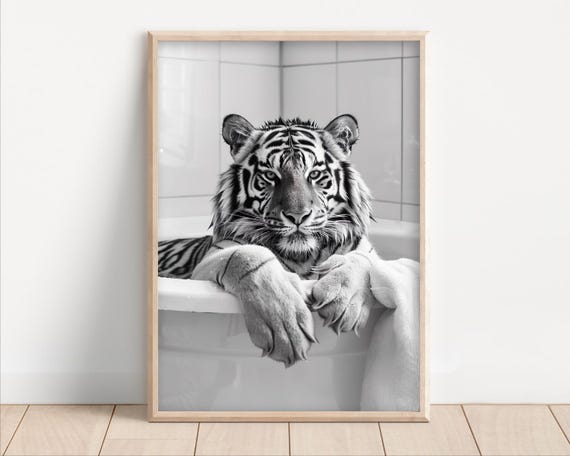 Tiger Taking A Bath Poster Or Canvas Funny Bathroom Wall Art Animals In Bathtub Vintage Style Retro Photo Print Cute Decor