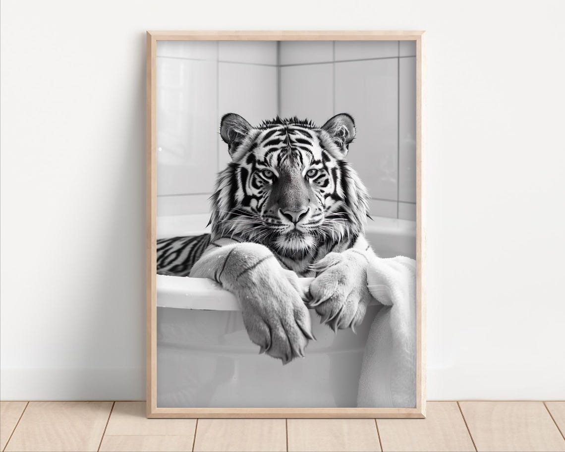 Majestic Tiger Soaking in Bathtub Black and White Bathroom Poster
