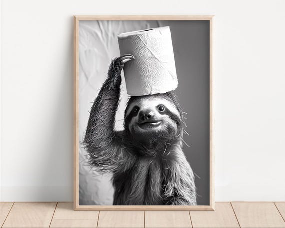 Sloth With Toilet Paper On Poster Or Canvas Funny Bathroom Wall Art Kids Laundry Room Decor Animal Humor Photo Cute Print