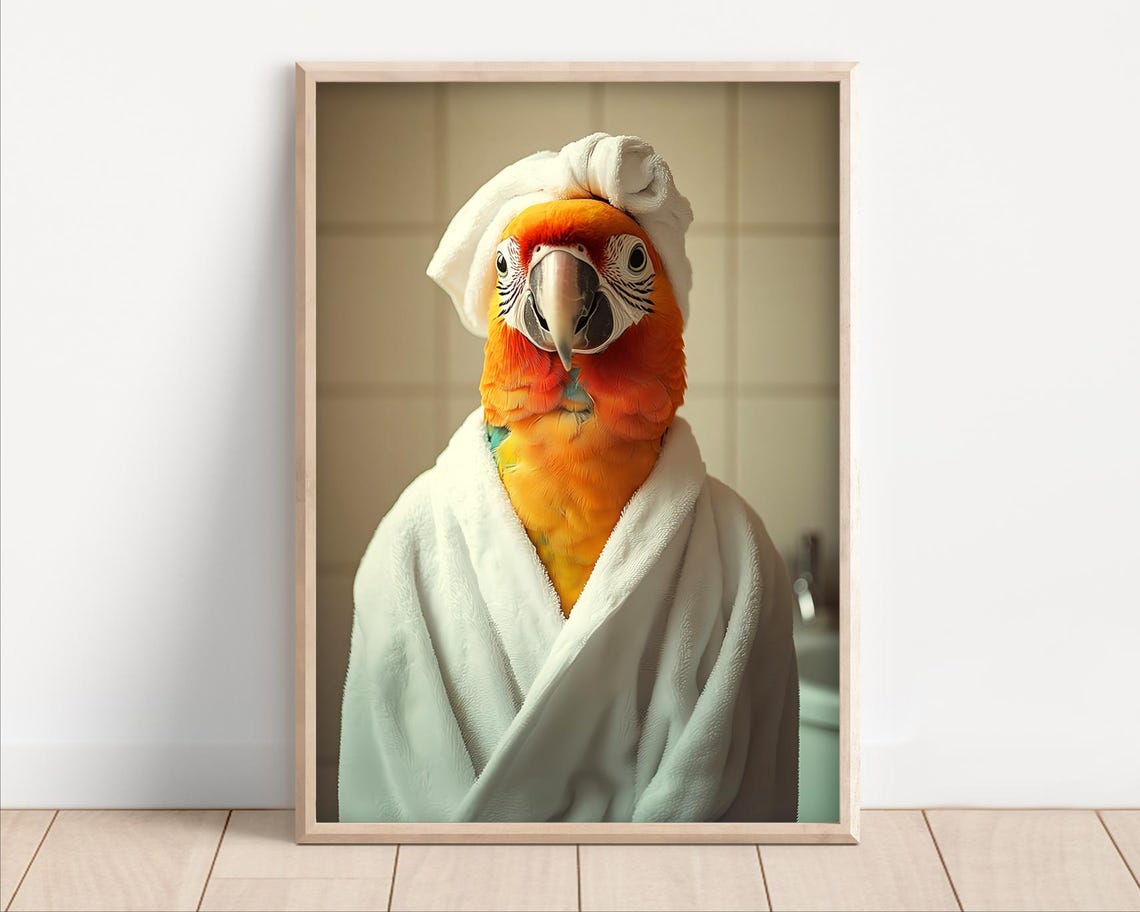 Colorful Parrot Wearing a Bathrobe and Towel Turban Bathroom Poster