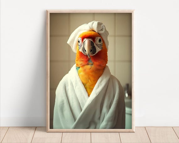 Parrot Wearing A Bathrobe Poster Or Canvas Funny Bathroom Wall Art Kids Cute Laundry Room Decor Bath Towel On Animal Humor Photo
