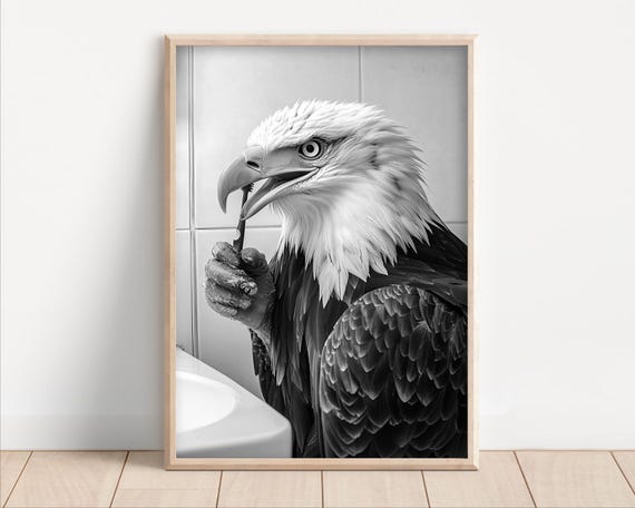 Eagle Brushing Teeth Poster Or Canvas Funny Bathroom Wall Art Kids Laundry Room Decor Retro Animal Humor Cute Print