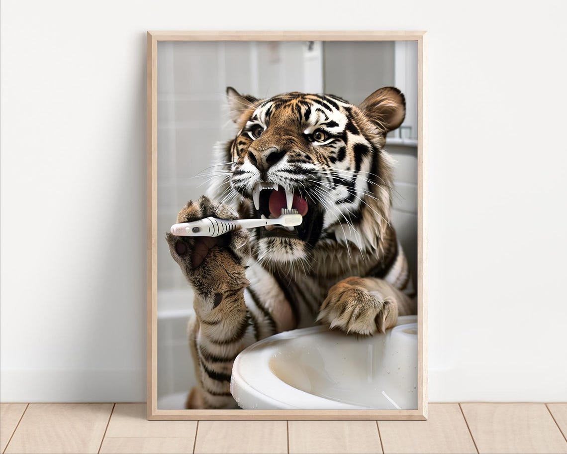 Funny Tiger Brushing Teeth Bathroom Wall Art Poster Or Canvas Quirky Laundry Room Decor Dentist Animal Cute Print