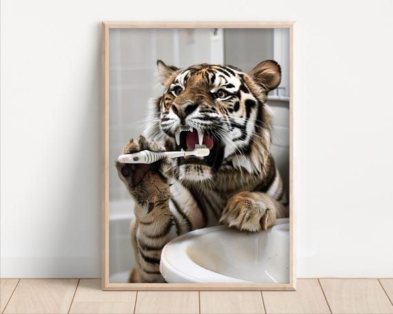 Funny Tiger Brushing Teeth Bathroom Wall Art Poster Or Canvas Quirky Laundry Room Decor Dentist Animal Cute Print