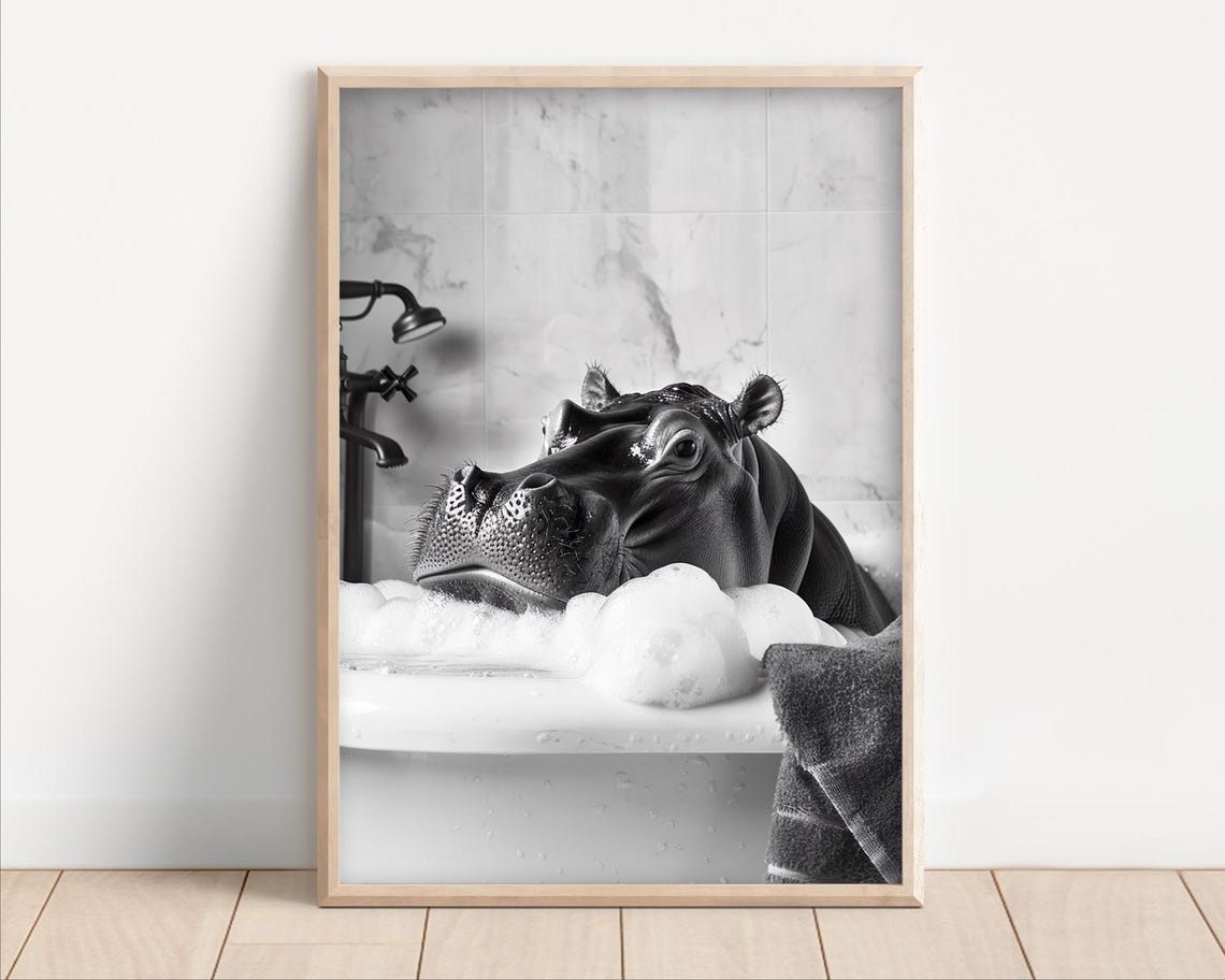 Hippo Taking A Bath Poster Or Canvas Funny Bathroom Wall Art Animals In Bathtub Vintage Style Retro Print Cute Decor