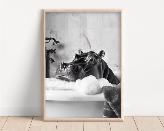 Hippo Taking A Bath Poster Or Canvas Funny Bathroom Wall Art Animals In Bathtub Vintage Style Retro Print Cute Decor