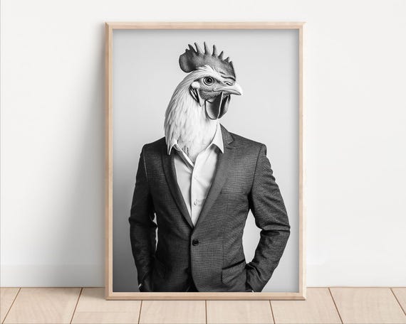 Chicken Wearing Business Suit Funny Office Wall Art Print Animal Home Decor Success Quirky Humor Cute Retro Photo