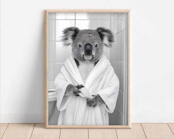 Koala Wearing A Bathrobe Poster Canvas Funny Bathroom Wall Art Cute Animals In Kids Laundry Room Decor Bear Print