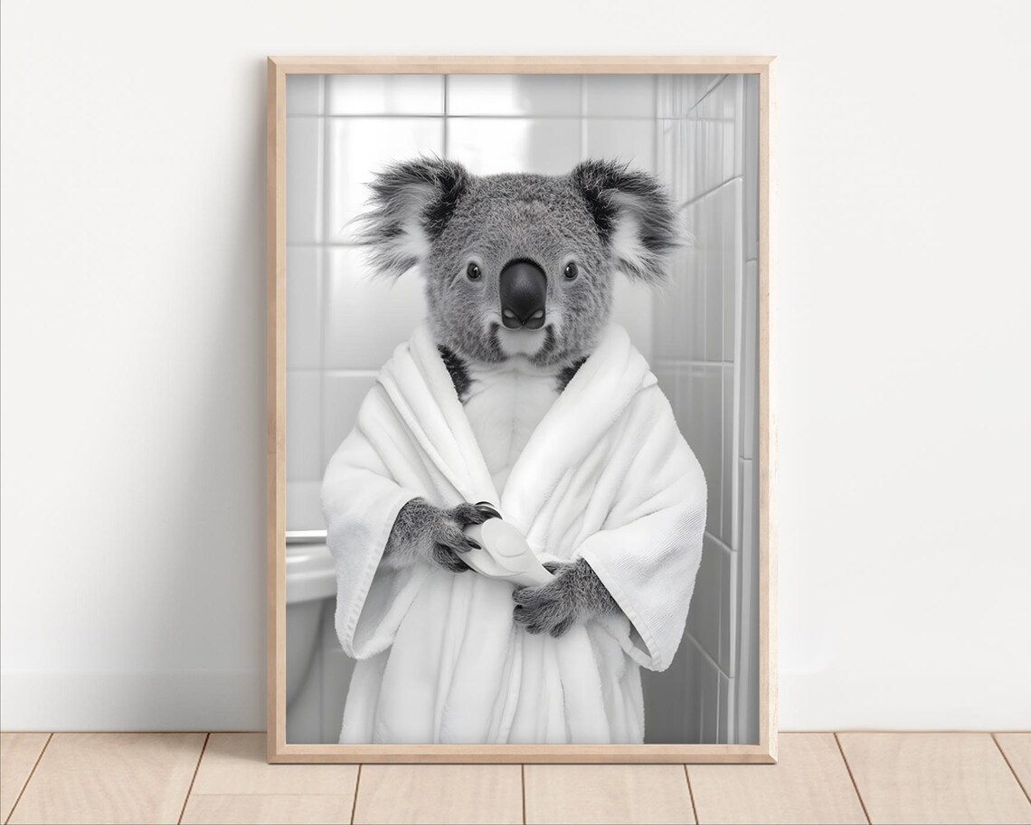 Koala Wearing A Bathrobe Poster Canvas Funny Bathroom Wall Art Cute Animals In Kids Laundry Room Decor Bear Print