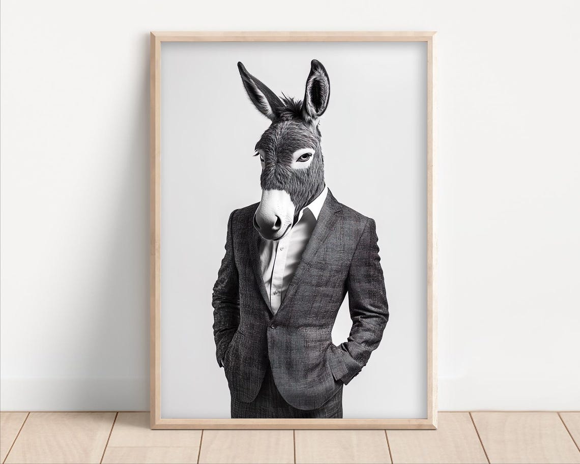 Serious Donkey in Business Suit Black and White Office Funny Poster