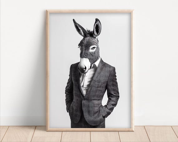 Donkey Wearing A Business Suit Funny Office Wall Art Print Animal Home Decor Success Quirky Humor Cute Retro Photo