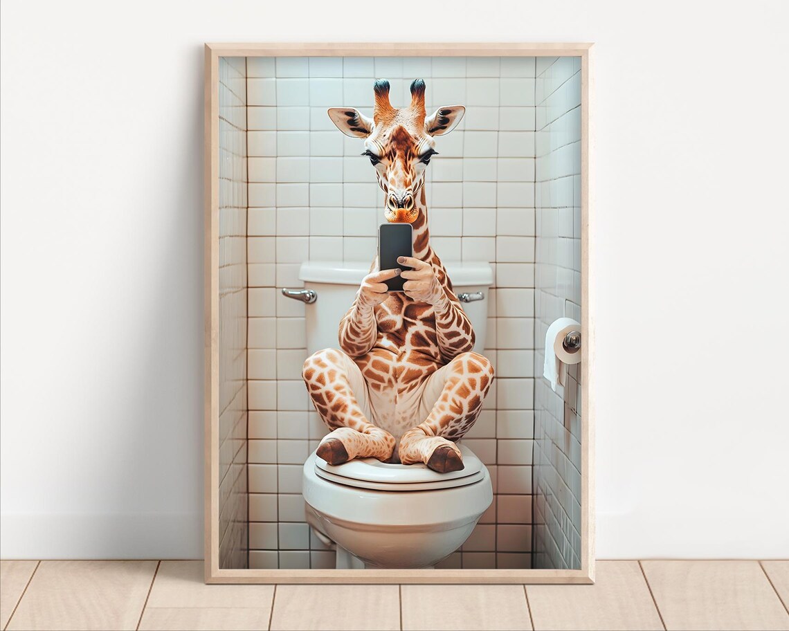 Giraffe Sitting On The Toilet Watching Phone, Vintage