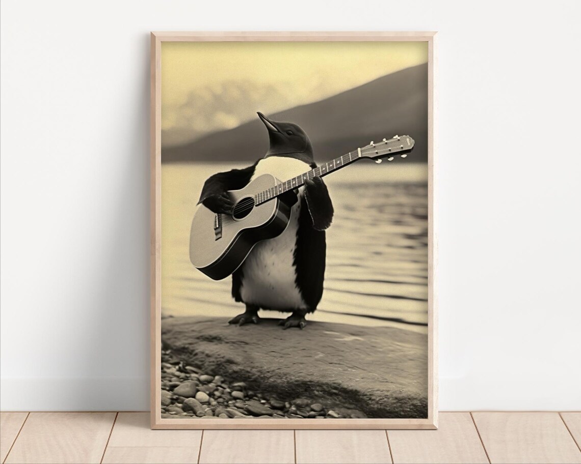 Penguin Playing Acoustic Guitar Vintage Music Art Print