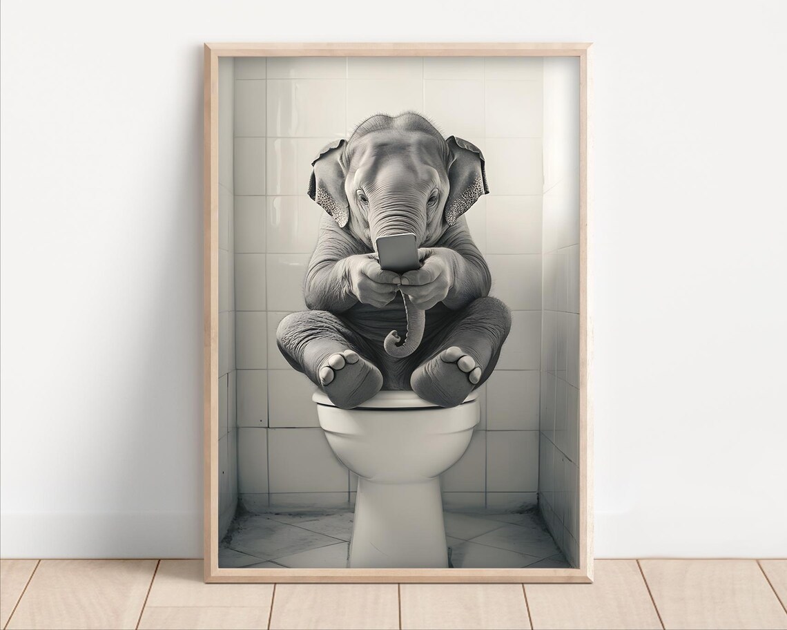 Elephant on the Toilet Watching Phone, Vintage Humor