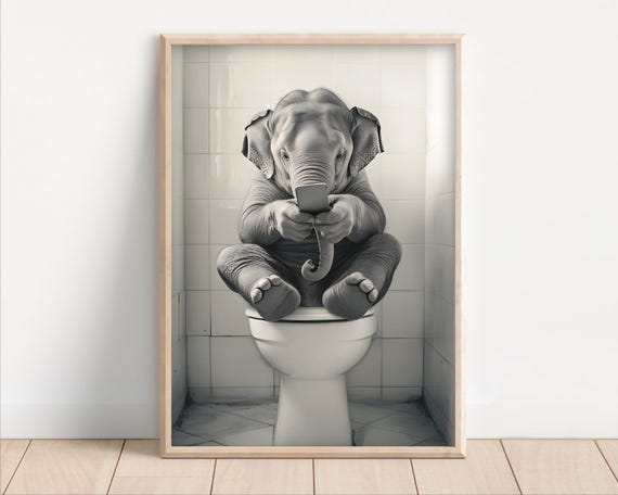 Elephant on the Toilet Watching Phone, Vintage Humor