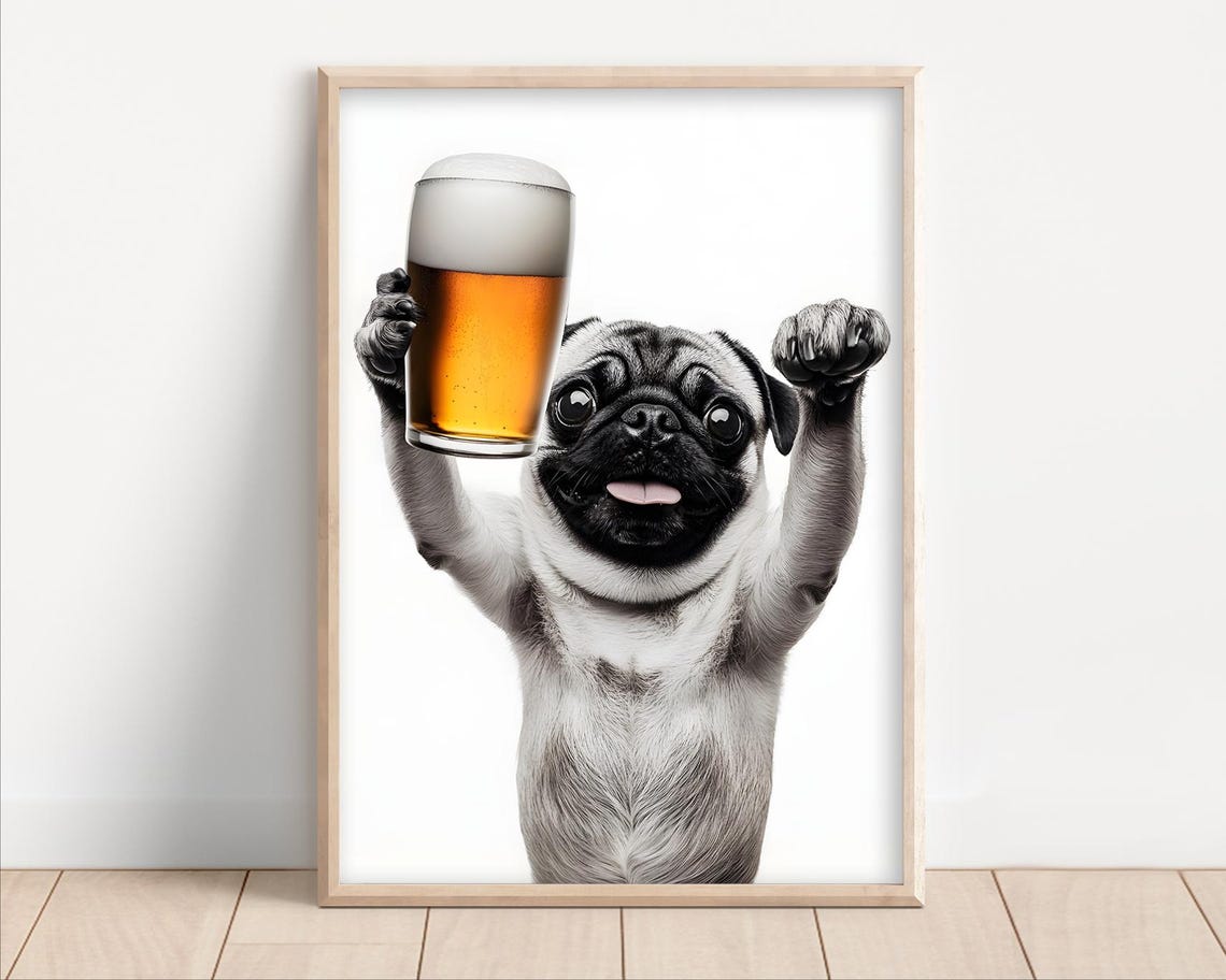 Happy Pug Dog Raising a Beer Pint Glass Funny Bar Animal Poster