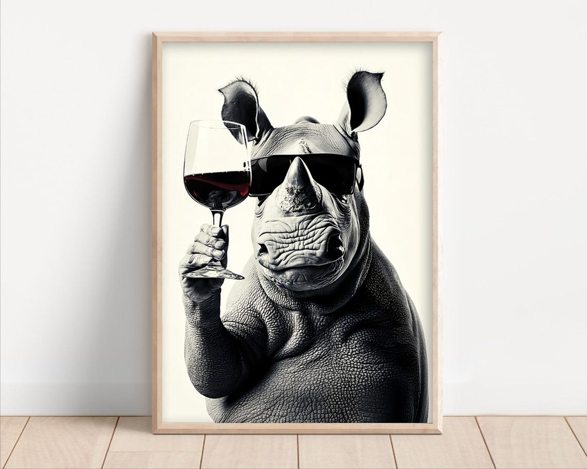Rhino Drinking Red Wine Poster Or Canvas Funny Kitchen Wall Art Retro Home Bar Decor Lovers Dining Room Print Cute Animal