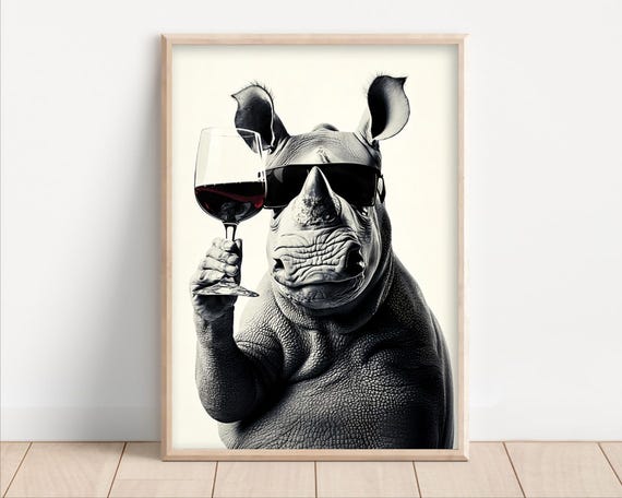 Rhino Drinking Red Wine Poster Or Canvas Funny Kitchen Wall Art Retro Home Bar Decor Lovers Dining Room Print Cute Animal