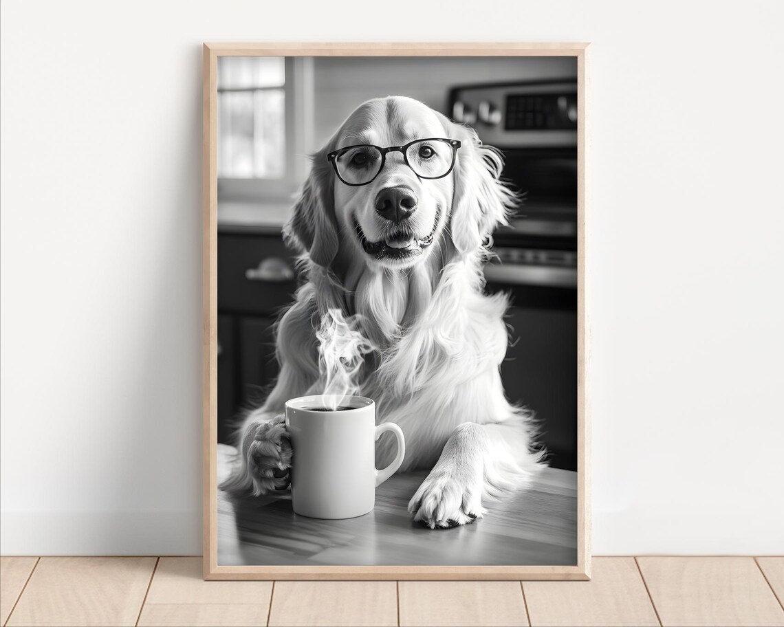 Funny Golden Retriever Coffee Glasses Art Print