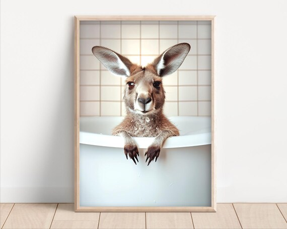 Kangaroo Taking A Bubble Bath Funny Bathroom Animal Decor Poster