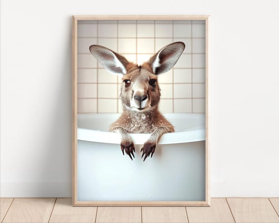 Kangaroo Taking A Bubble Bath Poster Canvas Funny Bathroom Wall Art Animals In Bathtub Cute Laundry Room Decor Kids Nursery Print