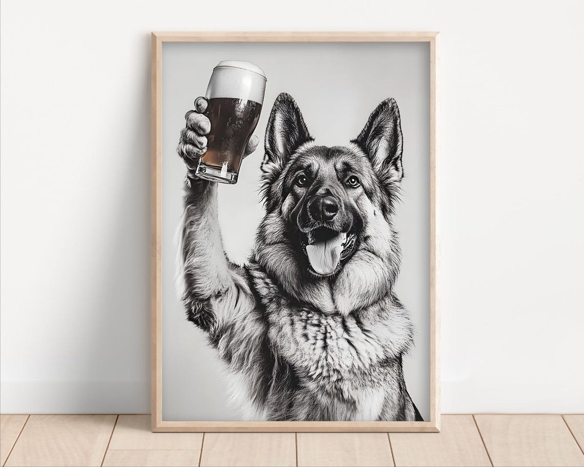 German Shepherd Toasting Beer Glass Black White Bar Party Poster
