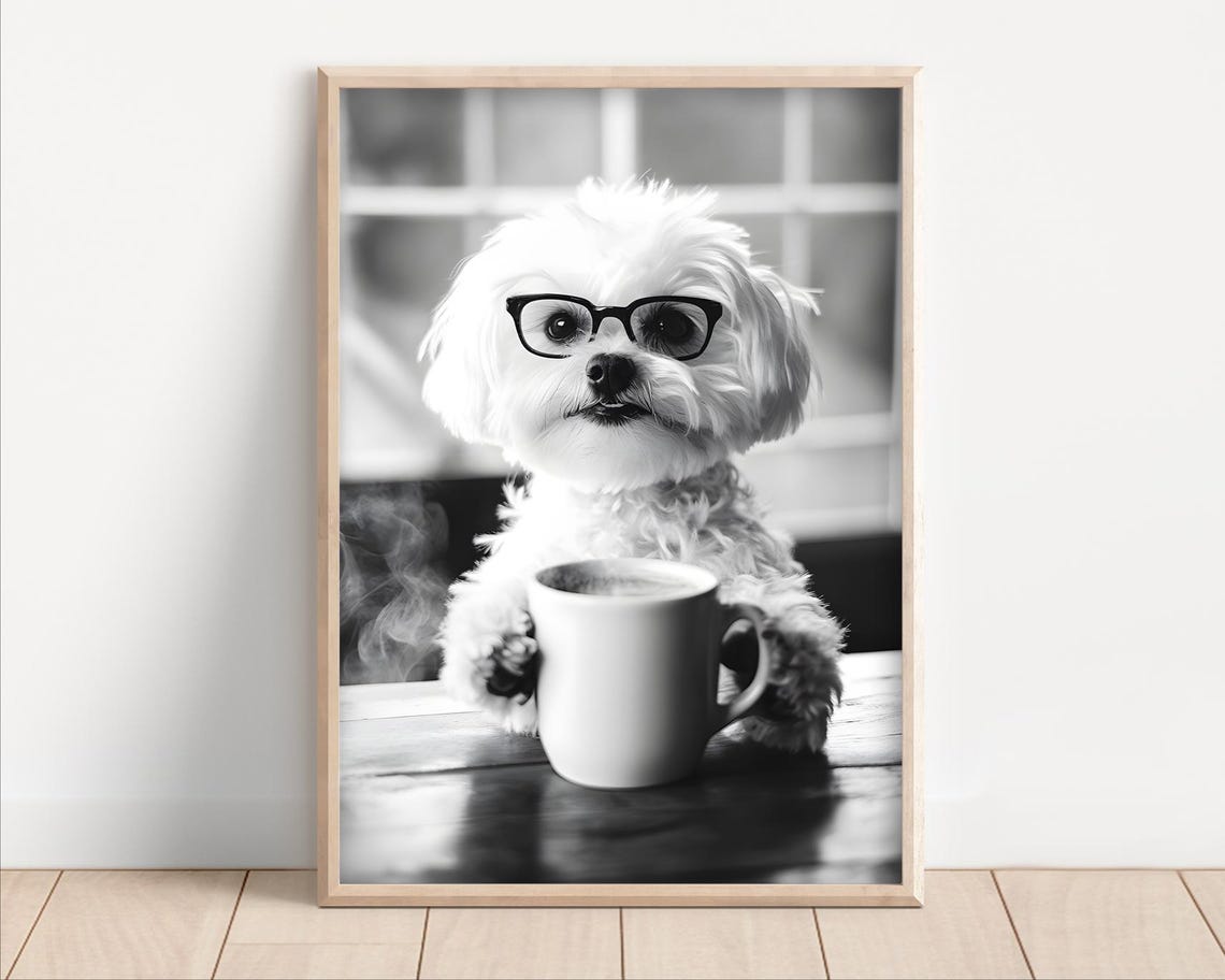 Maltese Dog Wearing Glasses Holding Coffee Mug Funny B&W Poster