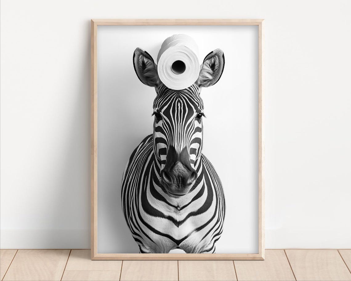 Zebra With Toilet Paper Hat Black White Funny Bathroom Decor Poster