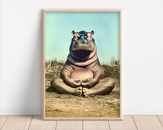 Cute Hippo Meditating in Yoga Pose Outdoors Zen Nursery Wall Poster