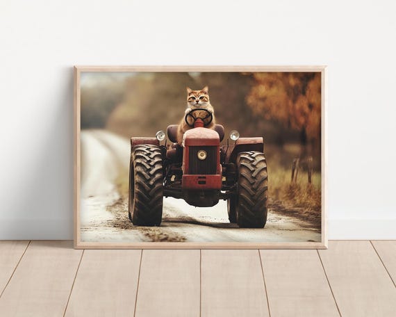 Cat Driving A Tractor Poster Or Canvas Funny Farm Animal Wall Art Vintage Style Retro Print Kids Nursery Room Cute Rustic Farmhouse