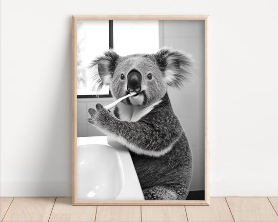 Koala Brushing Teeth Poster Or Canvas Funny Bathroom Wall Art Kids Laundry Room Decor Retro Animal Humor Cute Bear Print