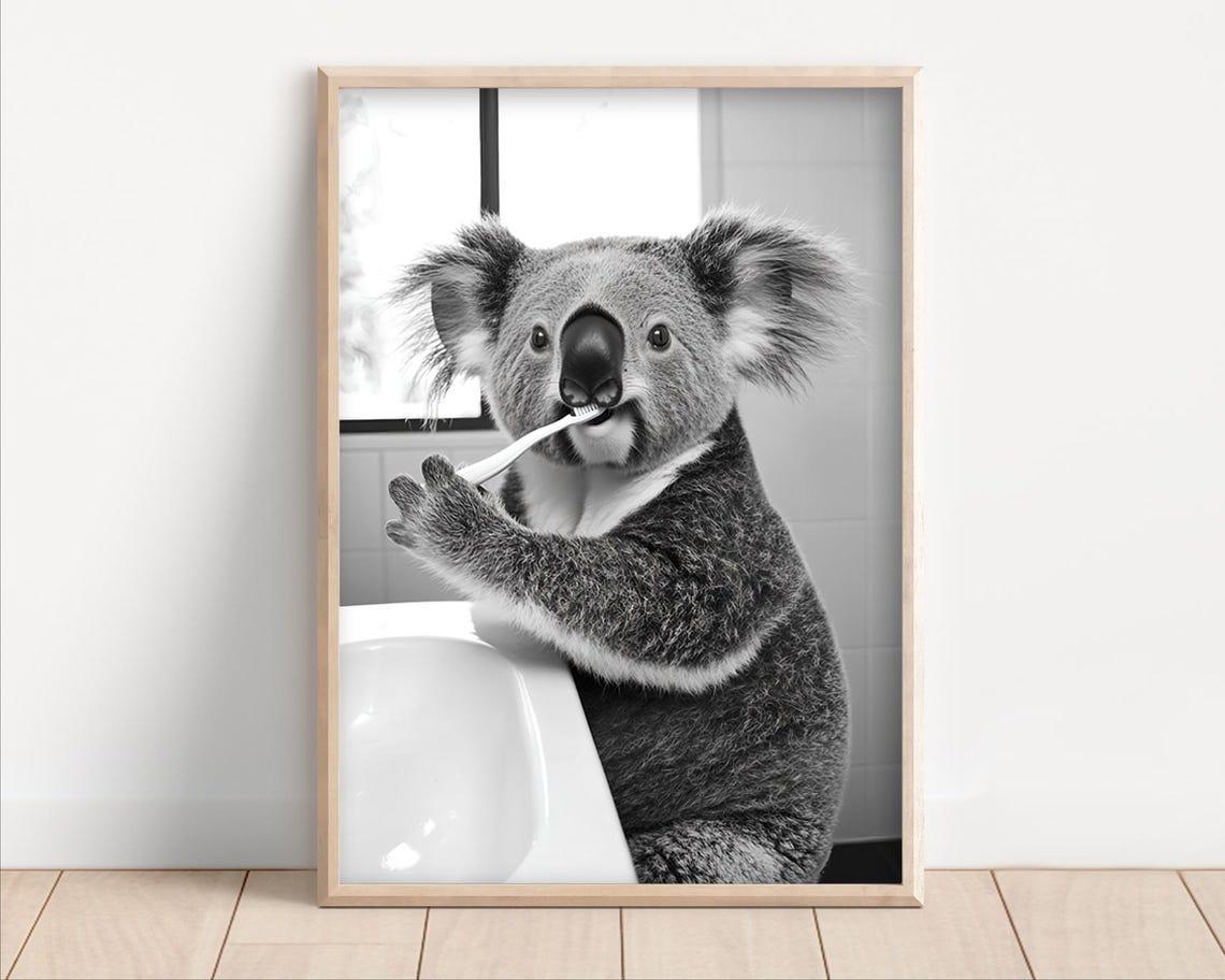 Cute Koala Brushing Teeth Over a Bathroom Sink Black and White Poster