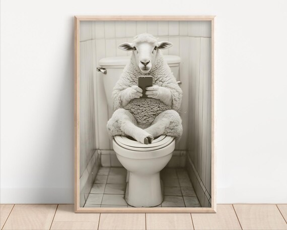 Sheep Sitting On The Toilet Watching Phone Poster Or Canvas Funny Bathroom Wall Art Decor Vintage Style Animal Print Quirky Humor