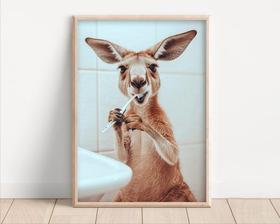 Kangaroo Brushing Teeth Poster Or Canvas Funny Bathroom Wall Art Kids Laundry Room Decor Quirky Animal Humor Photo Cute Print