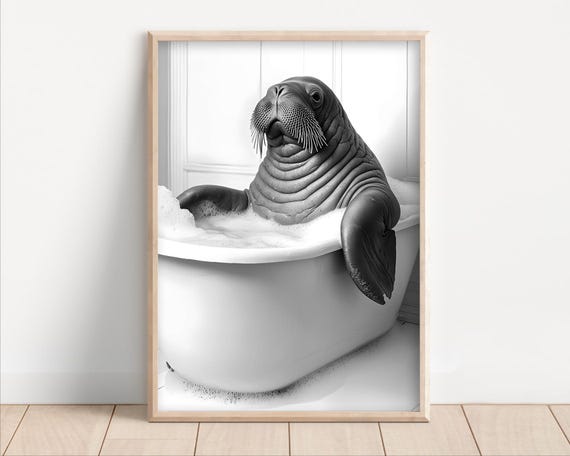 Walrus Taking A Bubble Bath Poster Or Canvas Funny Bathroom Wall Art Animals In Bathtub Cute Kids Laundry Room Decor Print