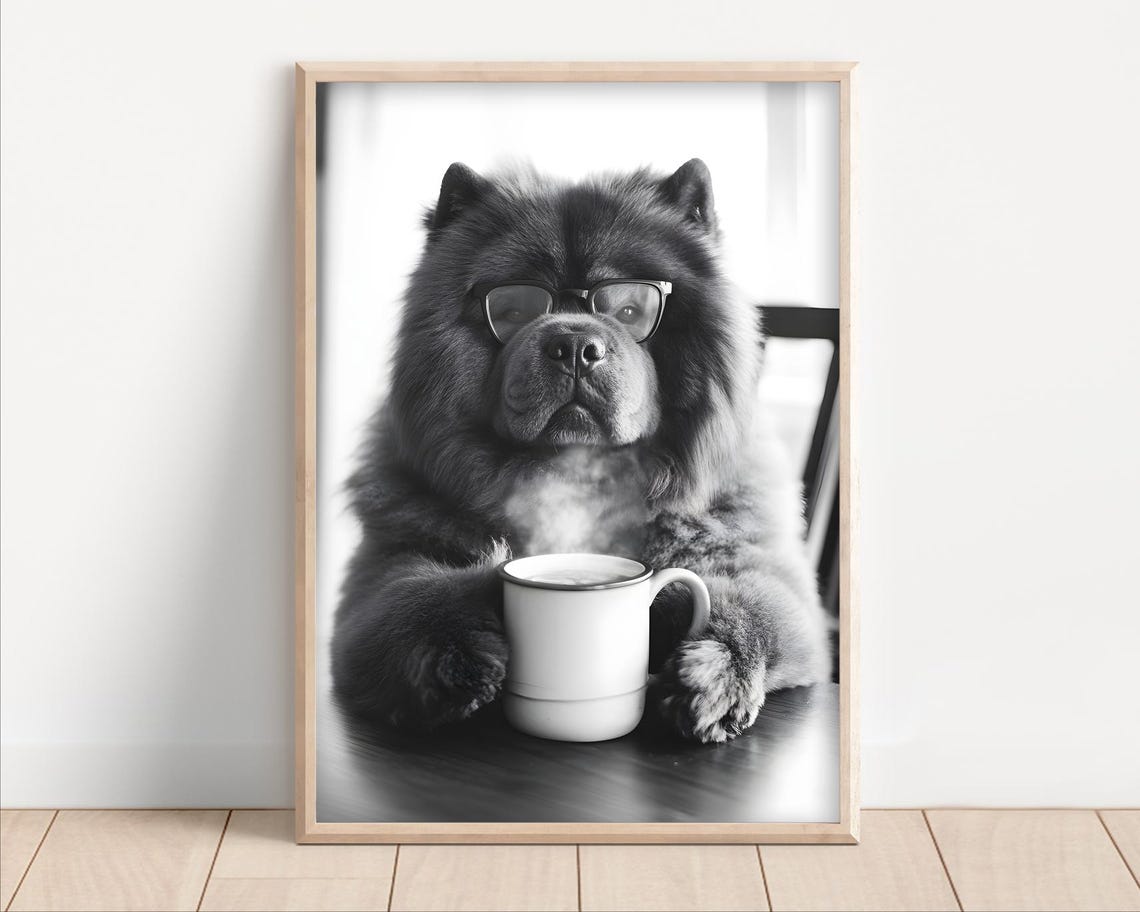 Chow Chow Dog Wearing Glasses Drinking Coffee Black White Poster
