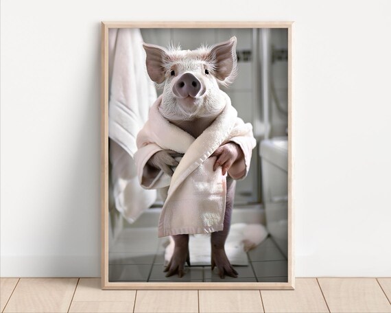Funny Pig Bathroom Wall Art In Bathrobe Poster Or Canvas Quirky Laundry Room Decor Animal Humor Print Toilet Powder