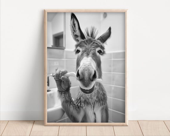 Donkey Brushing Teeth Poster Or Canvas Funny Bathroom Wall Art Laundry Room Decor Vintage Style Retro Animal Print Cute Humor