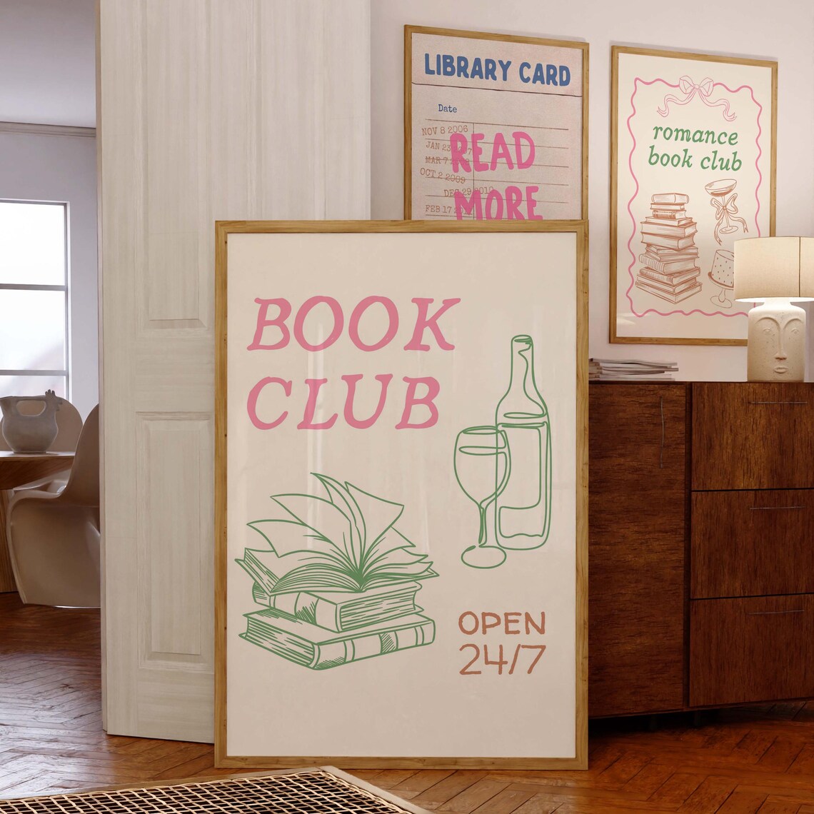 Pink and Green Line Art Book Club Open 24/7 Wine Reader Poster - Image 4