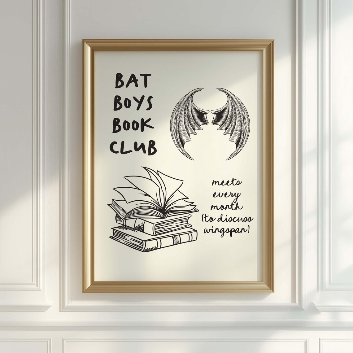 Bat Boys Book Club Monochrome Bat Wings Fantasy Reader Wall Art