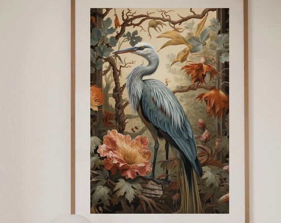 Grey Heron With Giant Pink Peony Botanical Illustration Poster