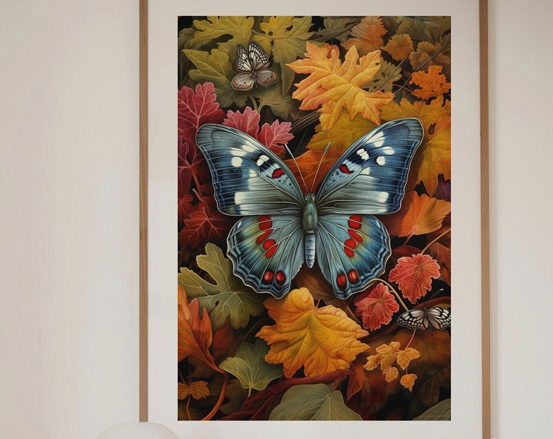 Blue Butterfly Autumn Leaves Vintage Botanical Fall Art Poster