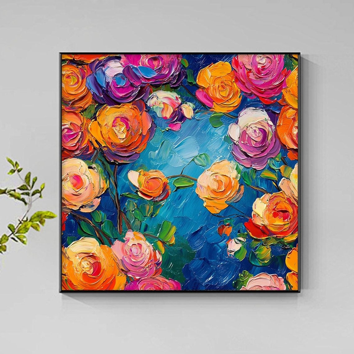 Colorful Sculpted Rose Blooms Bouquet on Deep Blue Floral Wall Art