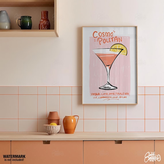 Cosmopolitan Cocktail Recipe Illustration Pink Bar Cart Poster
