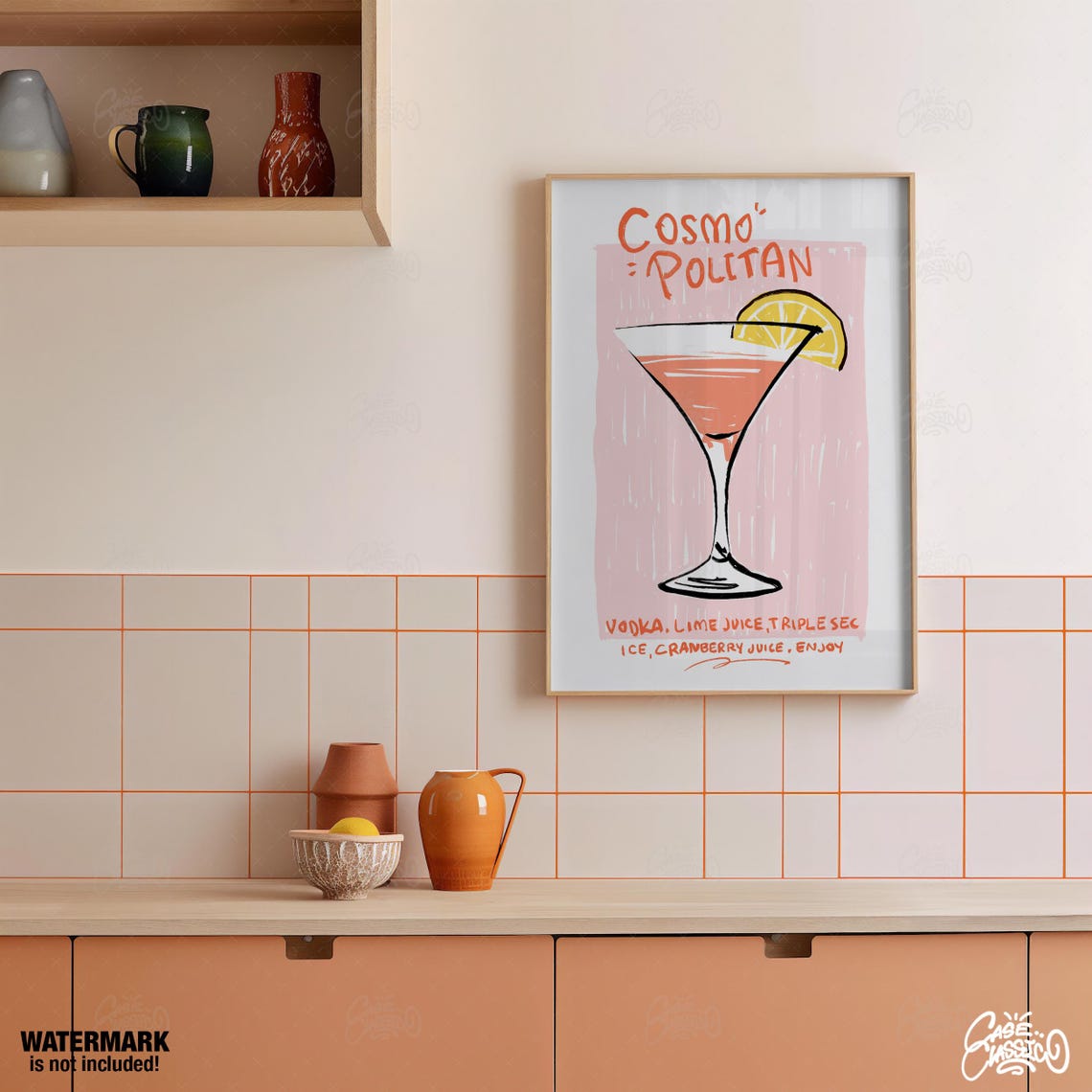 Cosmopolitan Cocktail Recipe Illustration Pink Bar Cart Poster