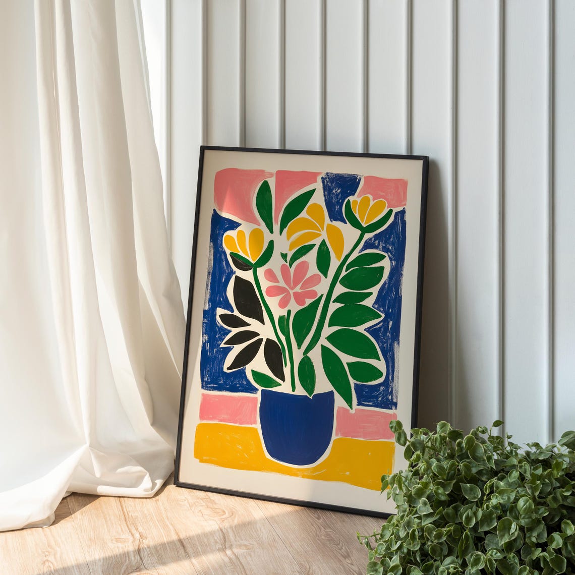 Vibrant Abstract Flower Bouquet Blue Vase Matisse Style Wall Art