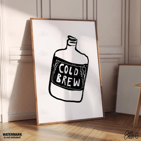 Cold Brew Growler Bottle Black Ink Hand Drawn Coffee Bar Poster
