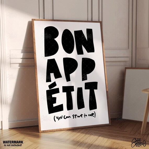 Bon Appetit Bold Black Typography Kitchen Quote Art Poster for Dining Rooms