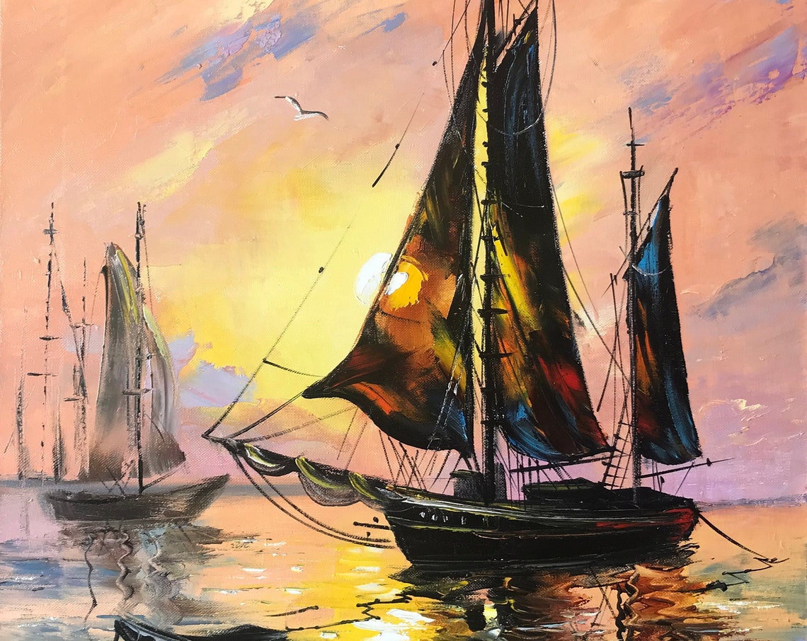 Sailing Ship Oil Painting Original Harbour Boat Painting On Lake House Decor Yacht Painting Boat Sunset Art Sailboat Painting